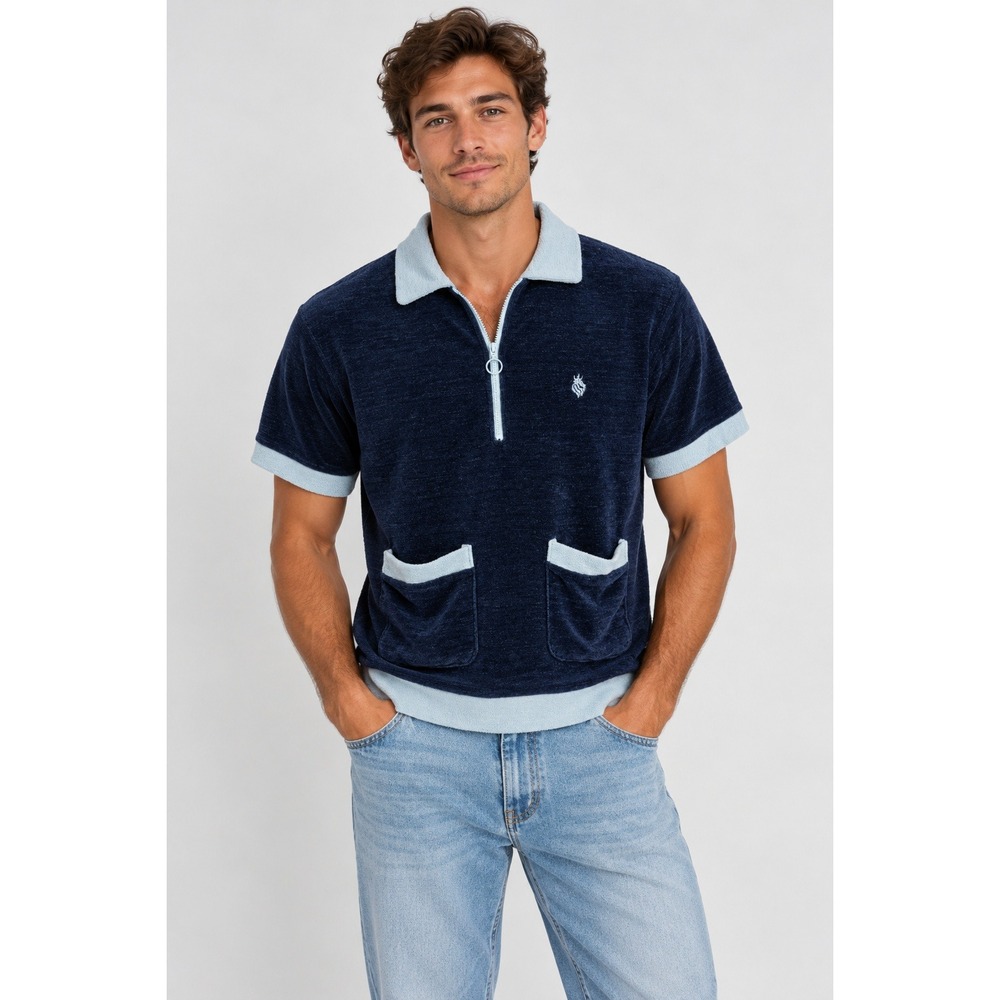 Massive Luxury Polo Shirt Mens M Navy Blue Terry Cloth Quarter Zip Retro